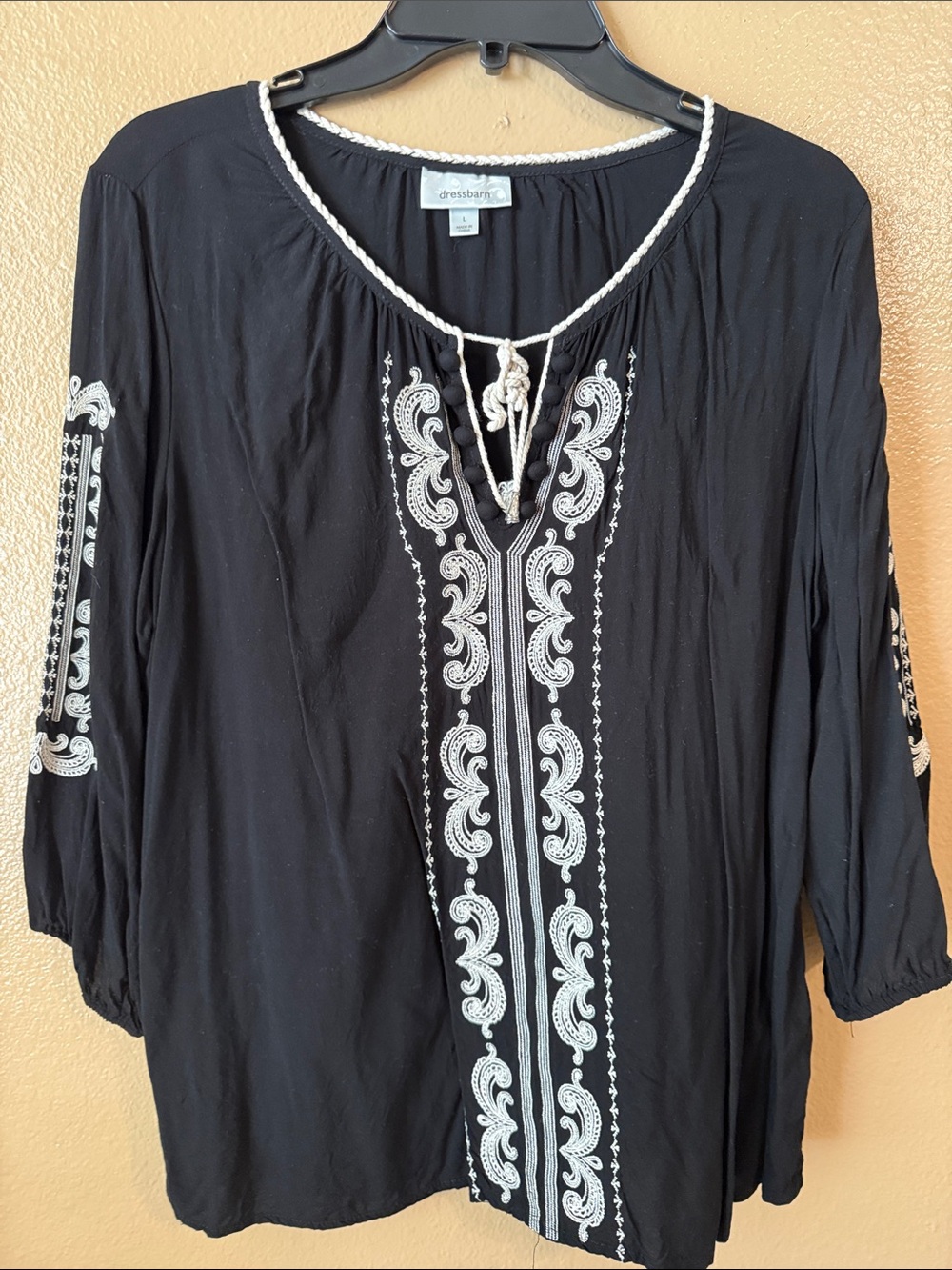 dressbarn Black Peasant Blouse with Ivory Embroidery